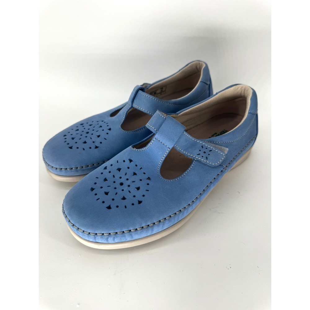 SAS T-Strap Flats Women 10W Blue Leather Comfort Shoes A7802135 Made USA